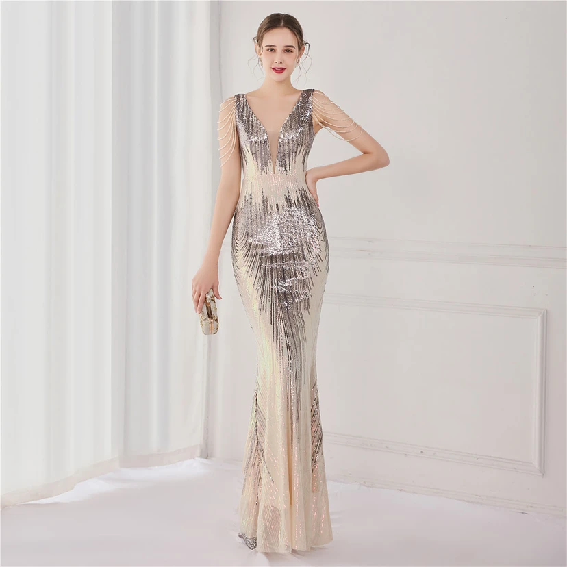 Vestido largo de lentejuelas con cola de pez, ideal para eventos, banquetes, eventos de celebridades y eventos de moda. Vestido de noche con etiqueta para modelos de automóviles. view 39