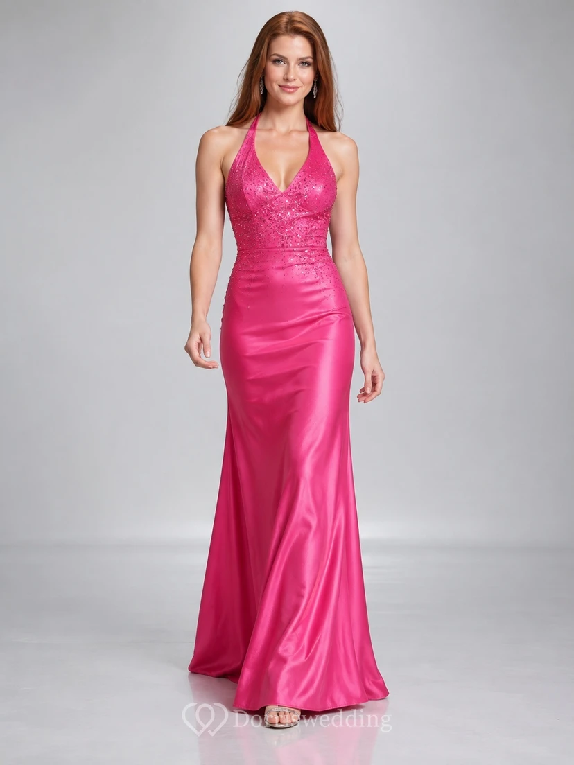 Fuchsiafarbenes, langes Meerjungfrauen-Abendkleid mit Neckholder, V-Ausschnitt, Spitzenoberteil und Satin