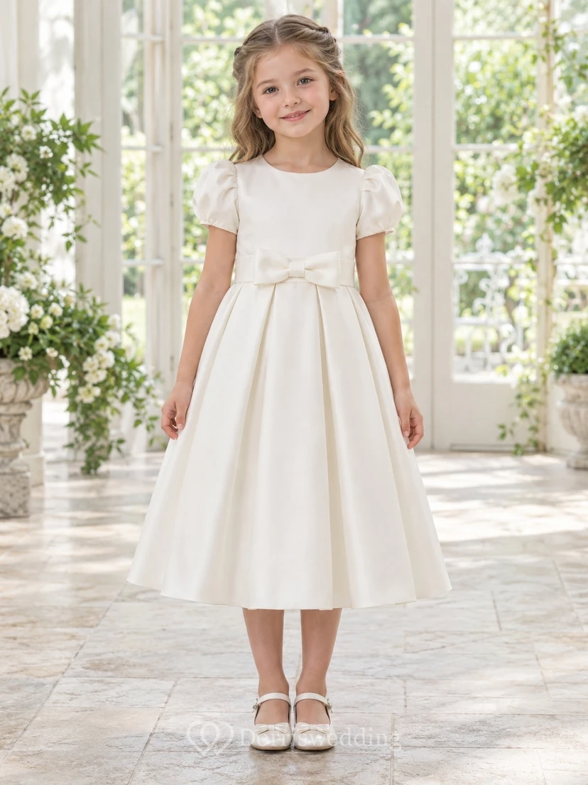 Schlichtes, dezentes elfenbeinfarbenes, teelanges Blumenmädchenkleid aus weichem, plissiertem Satin mit Puffärmeln, schmaler Schleife.