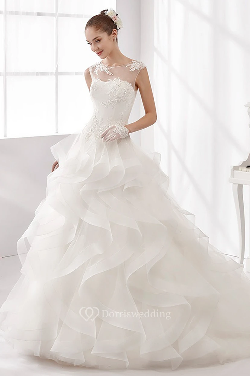 Jewel-Neck A-Line Wedding Gown with Cascading Ruffles and Illusive Neckline 
