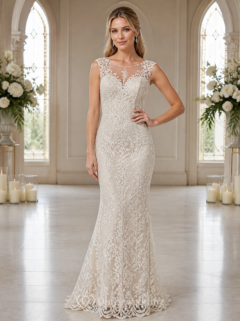 Vestido de novia modesto de encaje floral sin mangas con escote ilusión estilo sirena