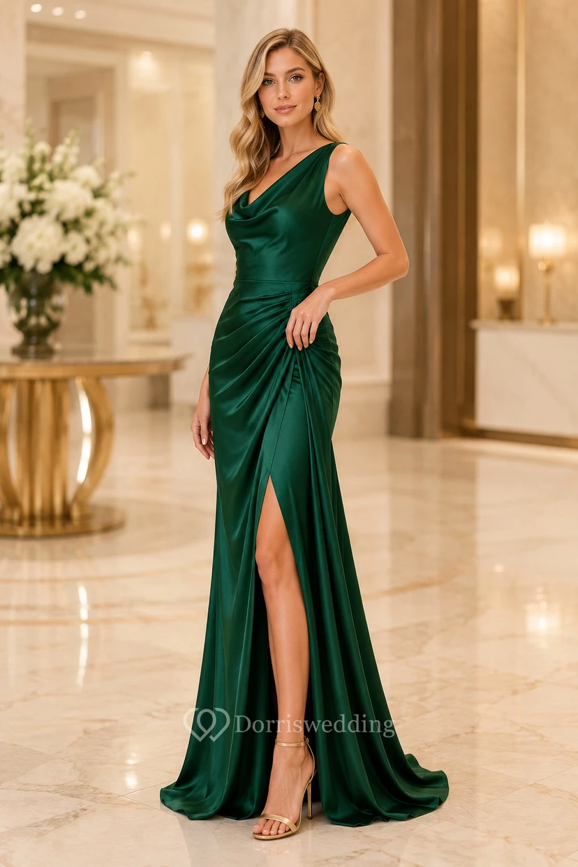 Vestido formal de talla grande de satén verde oscuro con un solo hombro, cuello drapeado, fruncido y falda con abertura.