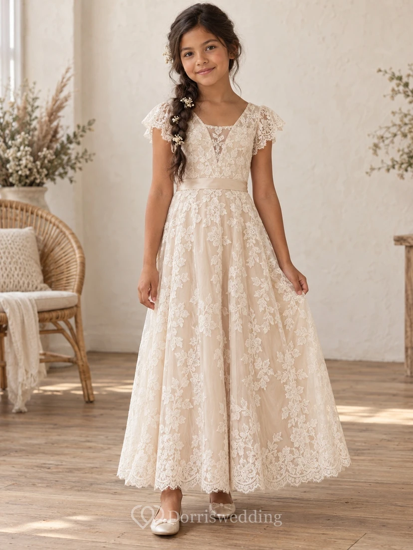Vestido de niña de flores sencillo, color marfil, con estampado floral, corte en A, mangas cortas, escote en V en la espalda, largo hasta los tobillos.