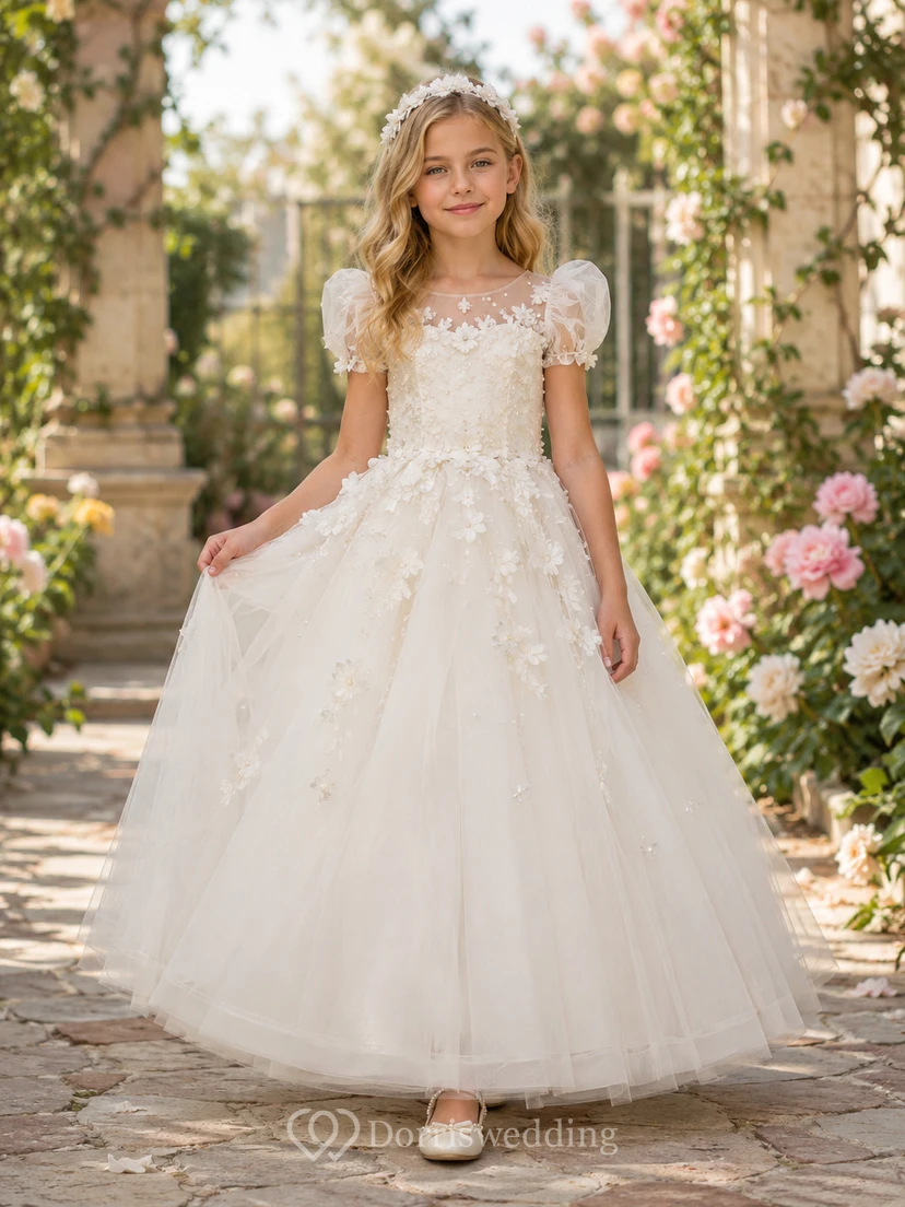 Lace Bodice Tulle A-Line Flower Girl Dress with Short Sleeves, Jewel Neck and Tea-Length Skirt