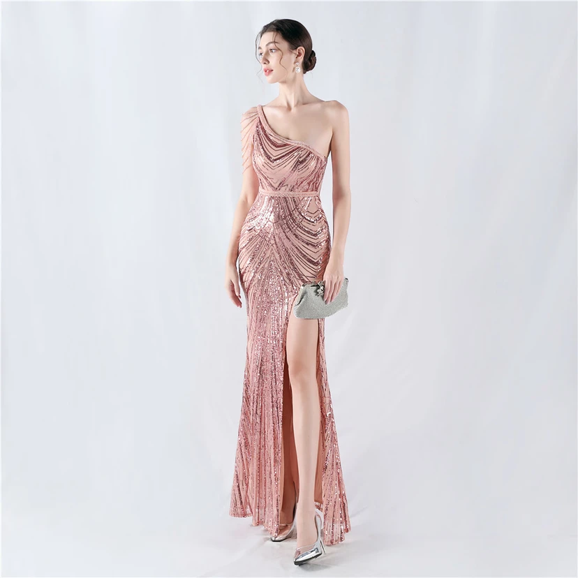 Positioning Flower Beaded Craft Beaded One-Shoulder Oblique Collar High Slit Evening Dress view 16