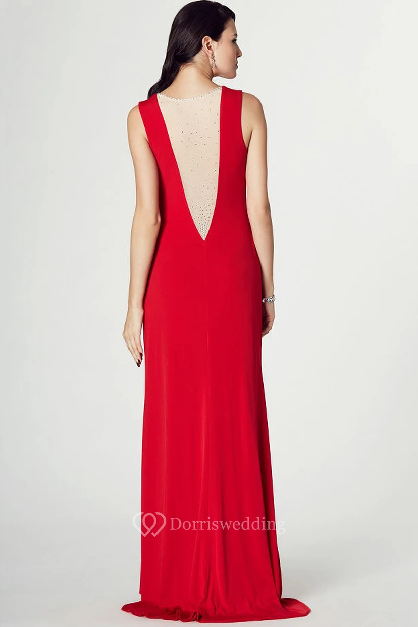 Sleeveless Beaded Jewel Neck Jersey Prom Dress With Brush Train view 2