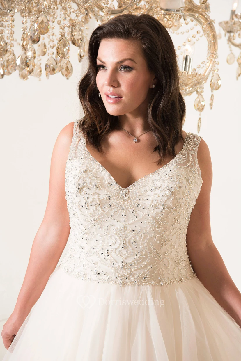A-Line Floor-Length V-Neck Sleeveless Tulle Court Train Illusion Beading Dress view 3