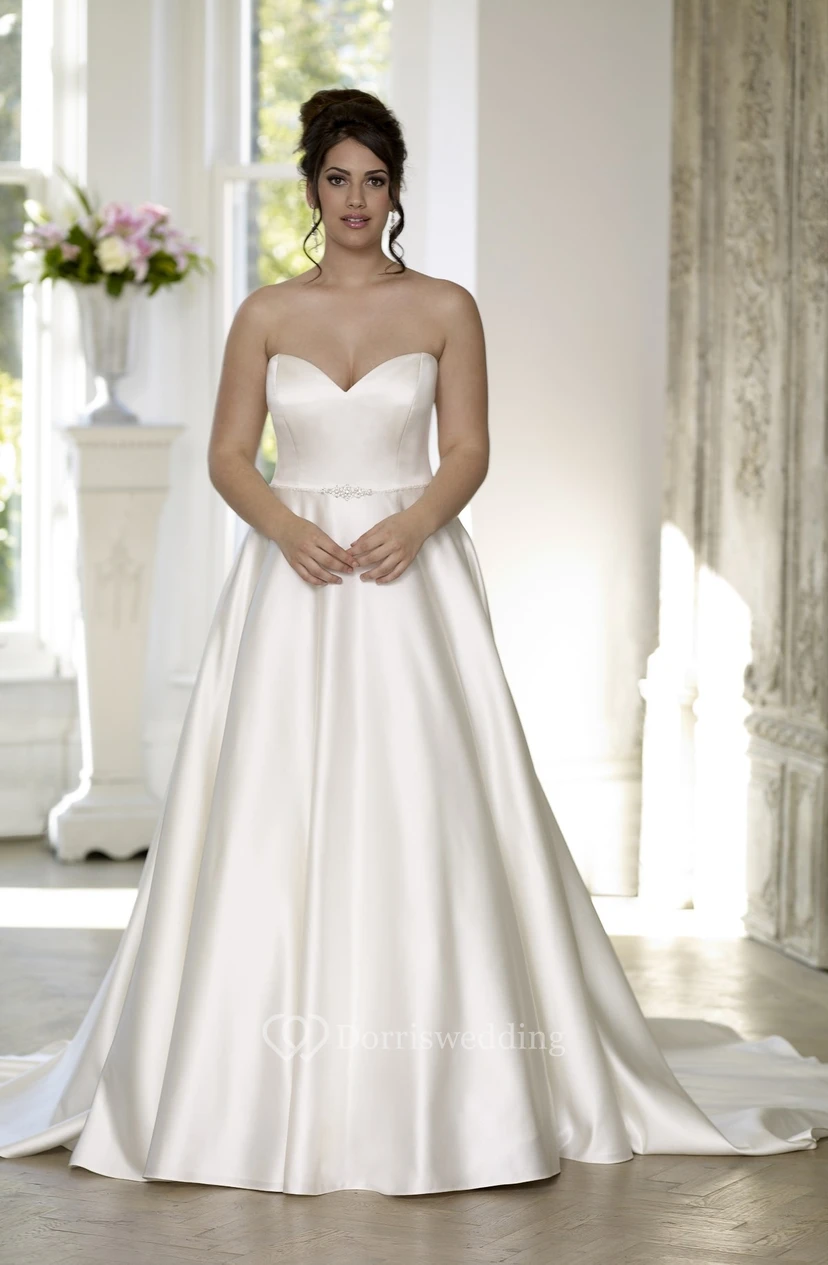 A-Line Floor-Length Sweetheart Satin Court Train Lace-Up Back Cape Dress view 3