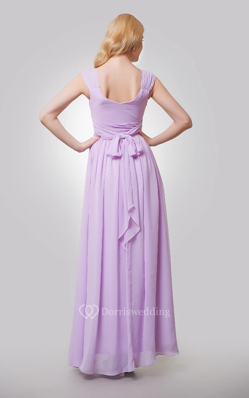 Cap-Sleeved V-Neck Pleated Chiffon Dress With Ruching and Back Bow view 3