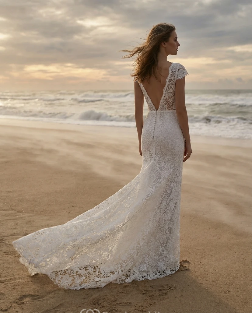 Cap Sleeve Boho Lace Sheath Wedding Dress view 2