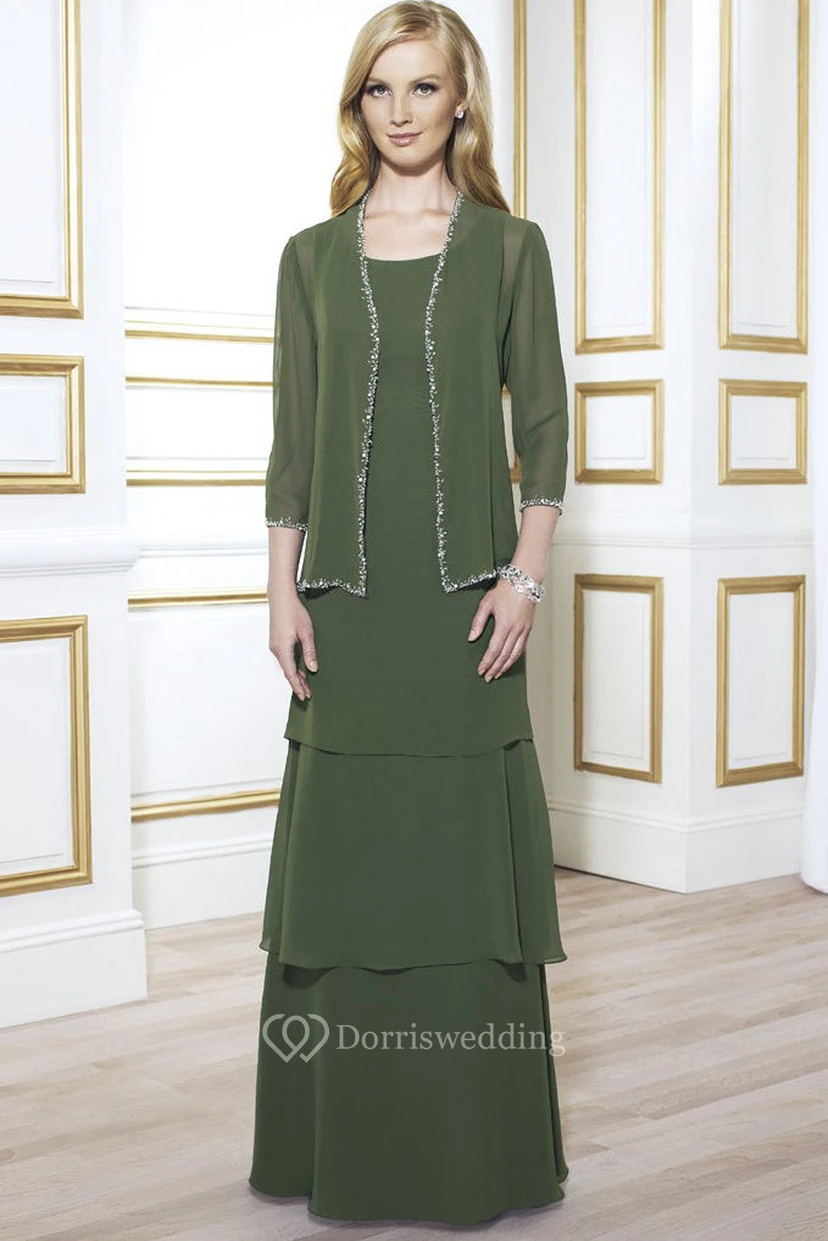 Floor-Length Beaded Scoop Neck 3-4 Sleeve Chiffon Mother Of The Bride Dress