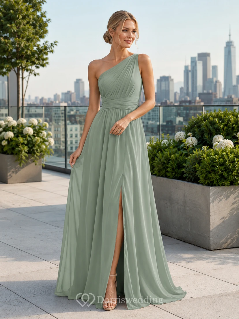 Rooftop Evening Formal Sage Simple Elegant A-Line Chiffon Bridesmaid Dress with One-Shoulder Sleeveless Floor-Length Slit Skirt Pleated Open Back