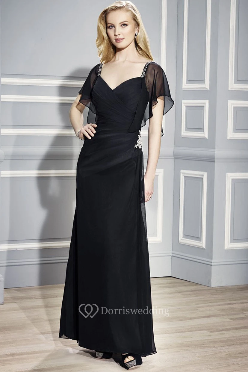 Robe de mère de la mariée en mousseline à manches poétiques perlées et décolleté cœur, ornée de perles, pour poète.