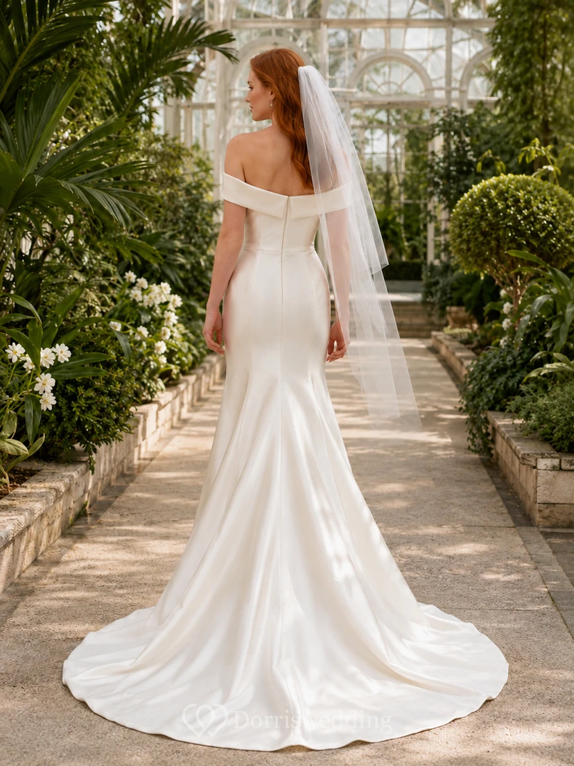 Vestido de novia minimalista de satén estilo sirena con hombros descubiertos para jardín view 2