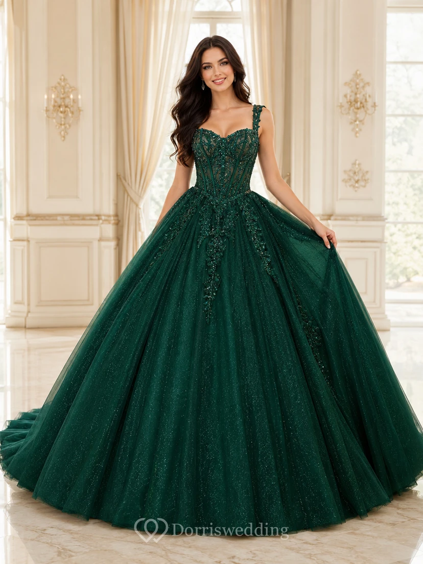 Dark Green Strap V-Neck Glitter Beaded Tulle Ball Gown Chapel Train Quinceanera Dress