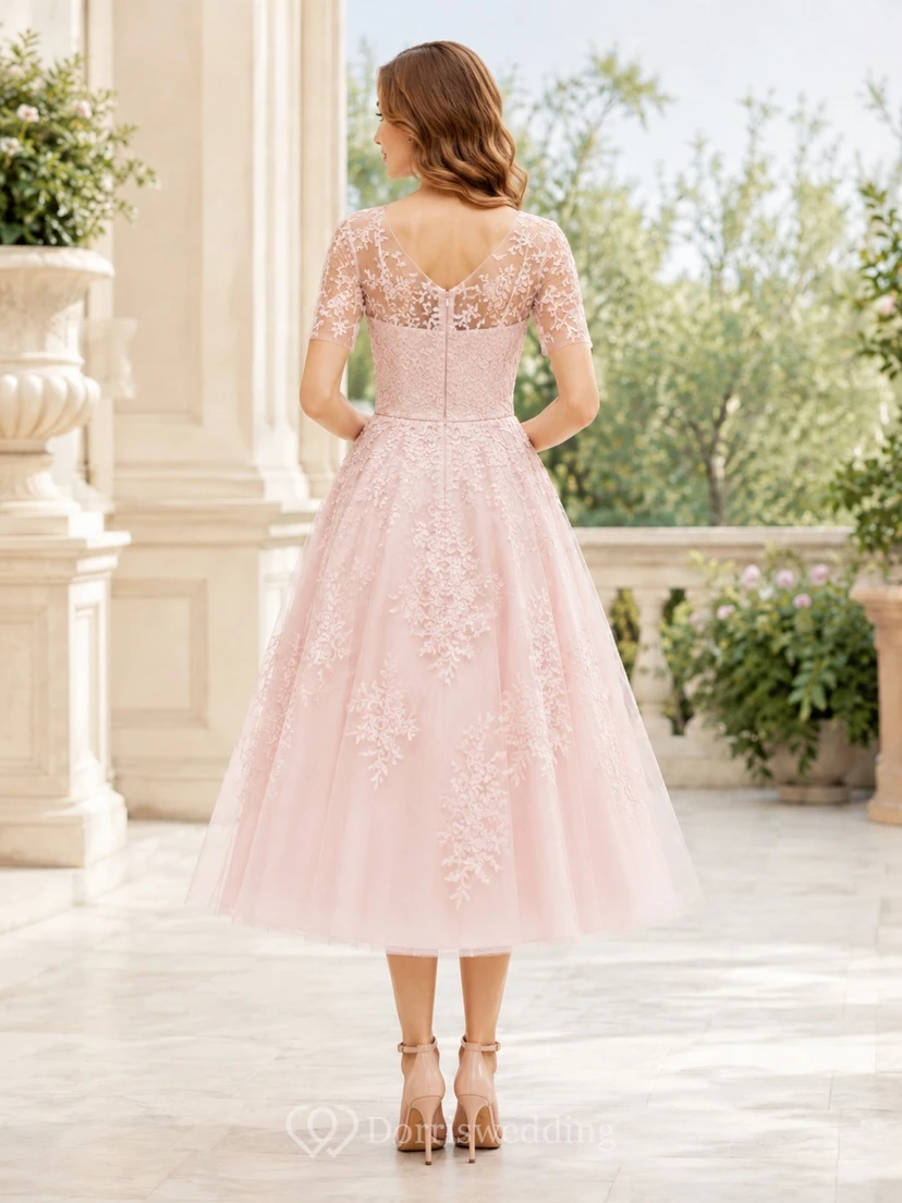 Pink Lace Scoop Neck Short Sleeve A-Line Tea-length Romantic Garden Guest Dress view 2