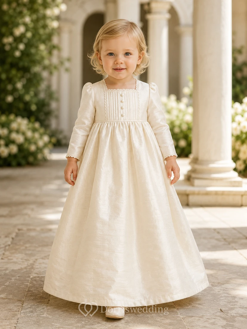 Pleated Dupioni Silk Baby Baptism A-Line Long Sleeve Gown Simple Elegant Adorable Jewel Floor-length