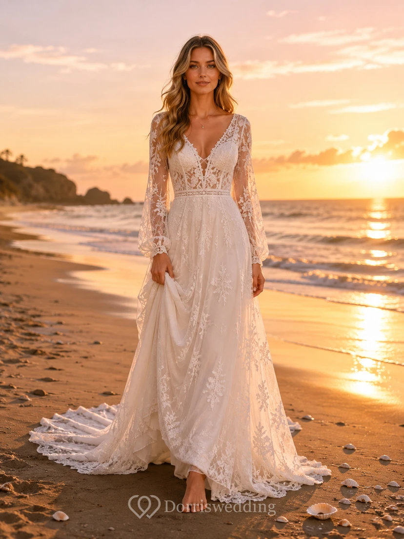 Beach Boho Long Sleeve Lace A-Line Chapel Wedding Dress