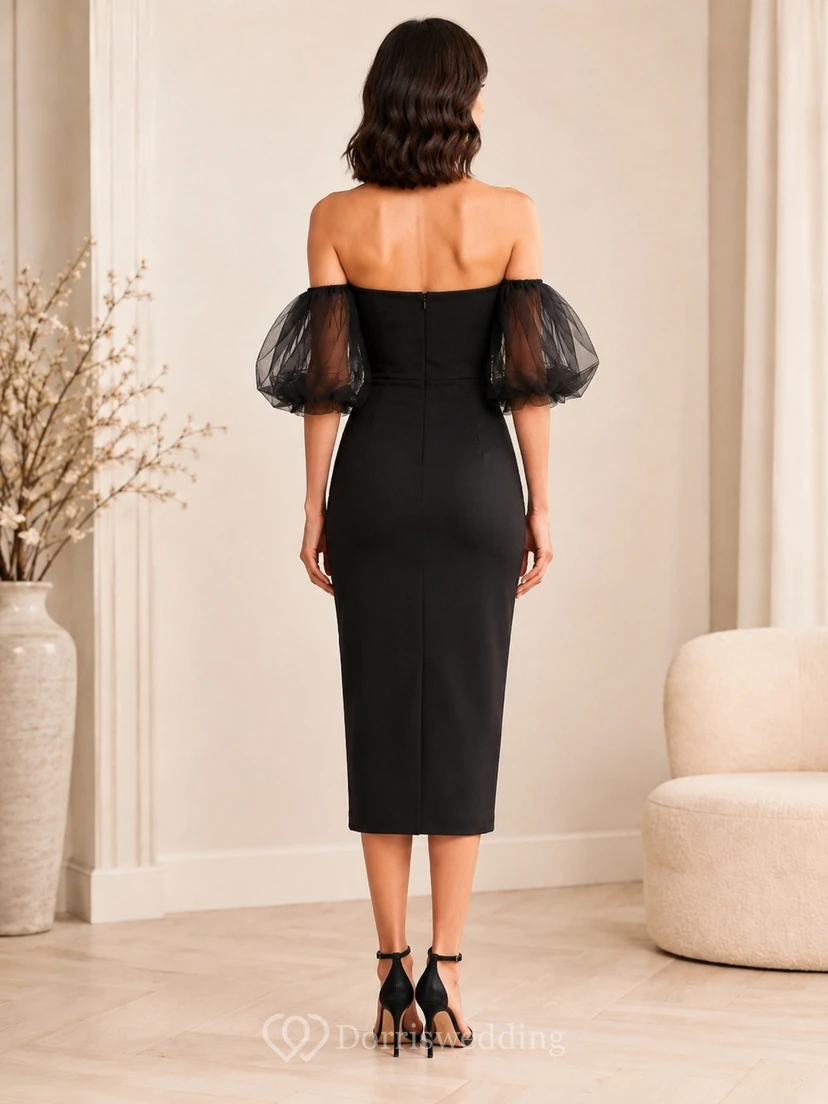 Black Satin Strapless Puff-Sleeve Elegant Knee-Length Cocktail Dress view 2