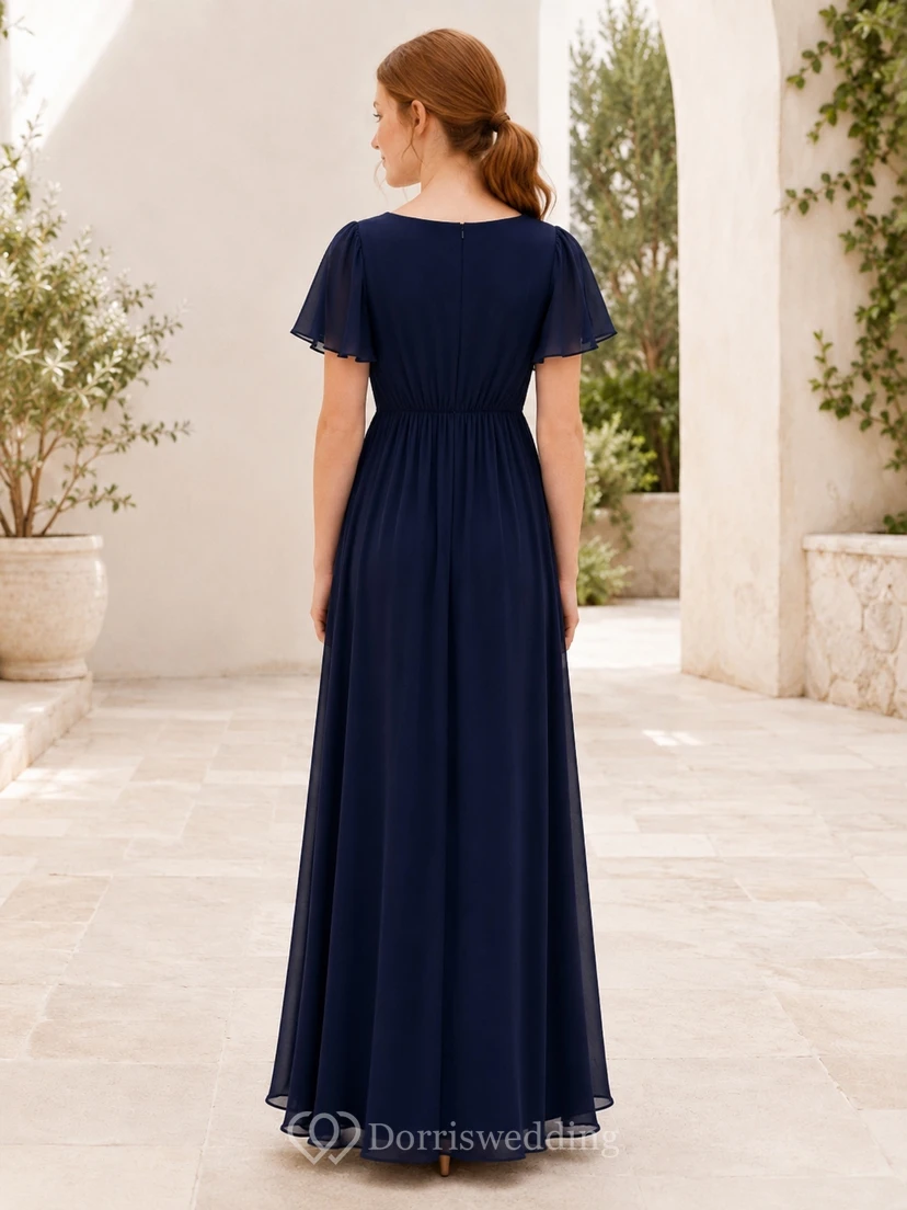 Dark Navy Junior Bridesmaid Dress A-Line Jewel Short Sleeve Petal Chiffon Elegant view 2