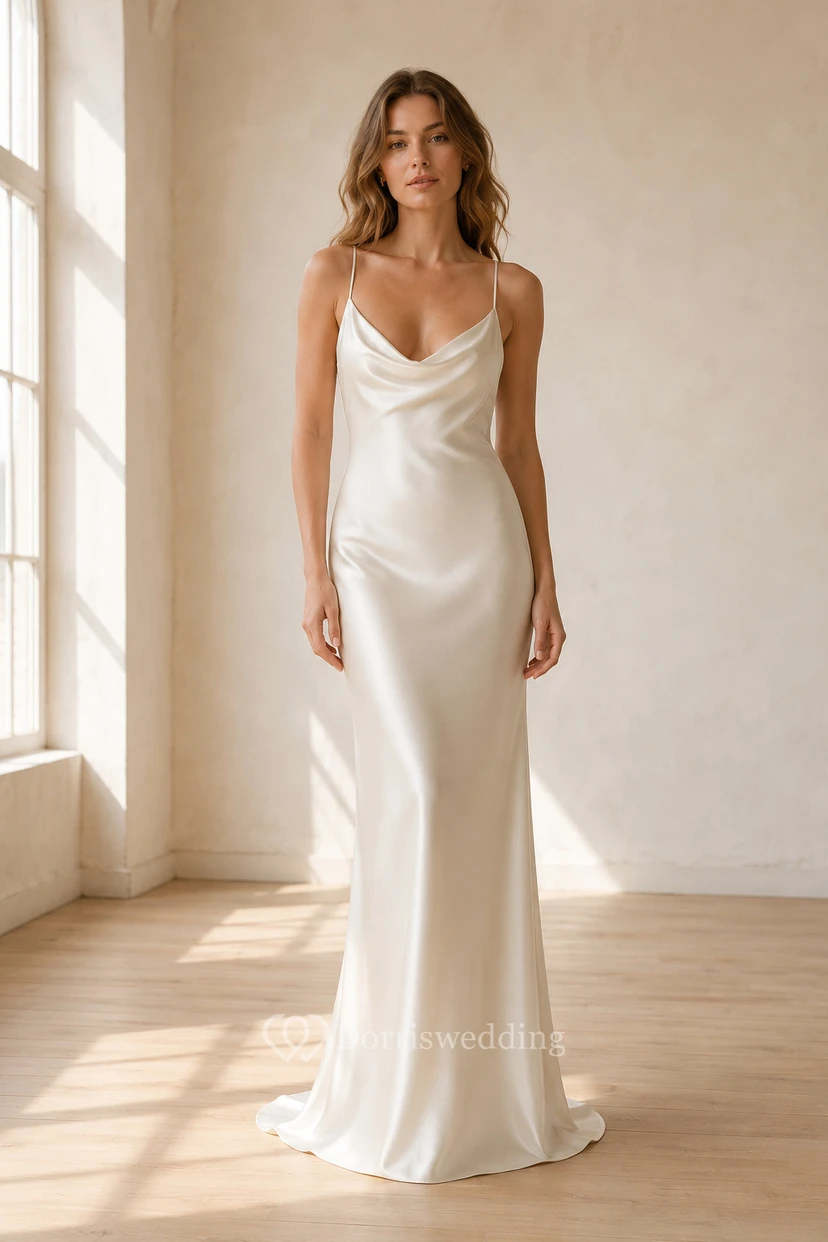 Satin-Etui-Brautkleid mit Wasserfallausschnitt und Spaghettiträgern