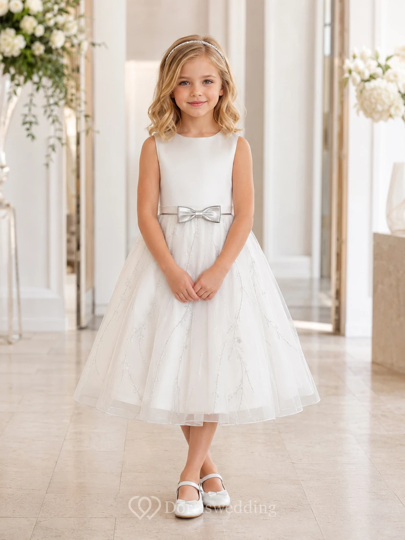 Vestido de niña de flores color marfil, largo hasta la rodilla, tul, corte en A, sin mangas, cuello joya, lazo plateado con diseño de enredadera en la cintura.