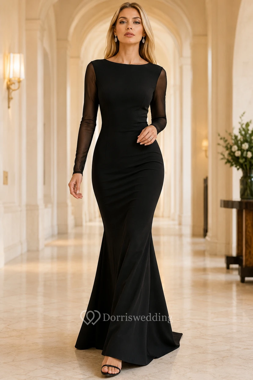 Black Long Illusion Sleeve Mermaid Evening Dress with Open Back