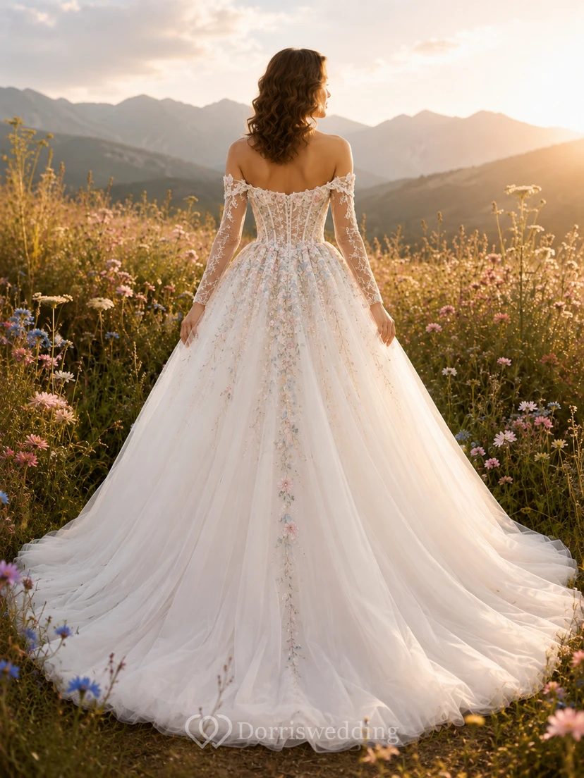 Schulterfreies Ballkleid aus floralem Tüll und Wildblumenwiese view 2