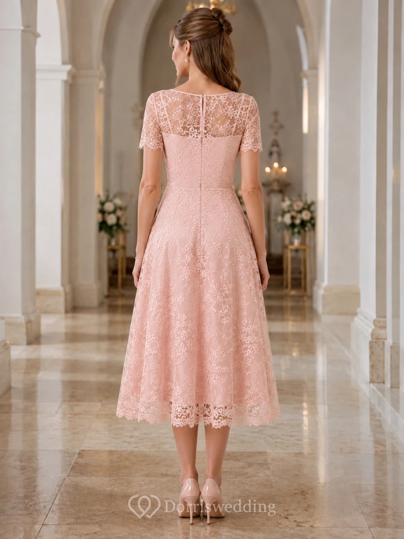 Blush Bateau Short Sleeve Lace A-Line Tea-Length Romantic Ceremony Dress view 2