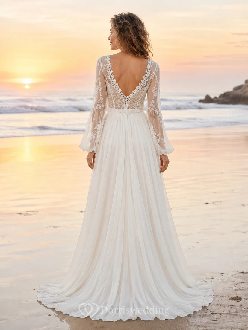 Boho V Neck Long Bell Lace Sleeve High Low Chiffon Beach Wedding Gown view 2