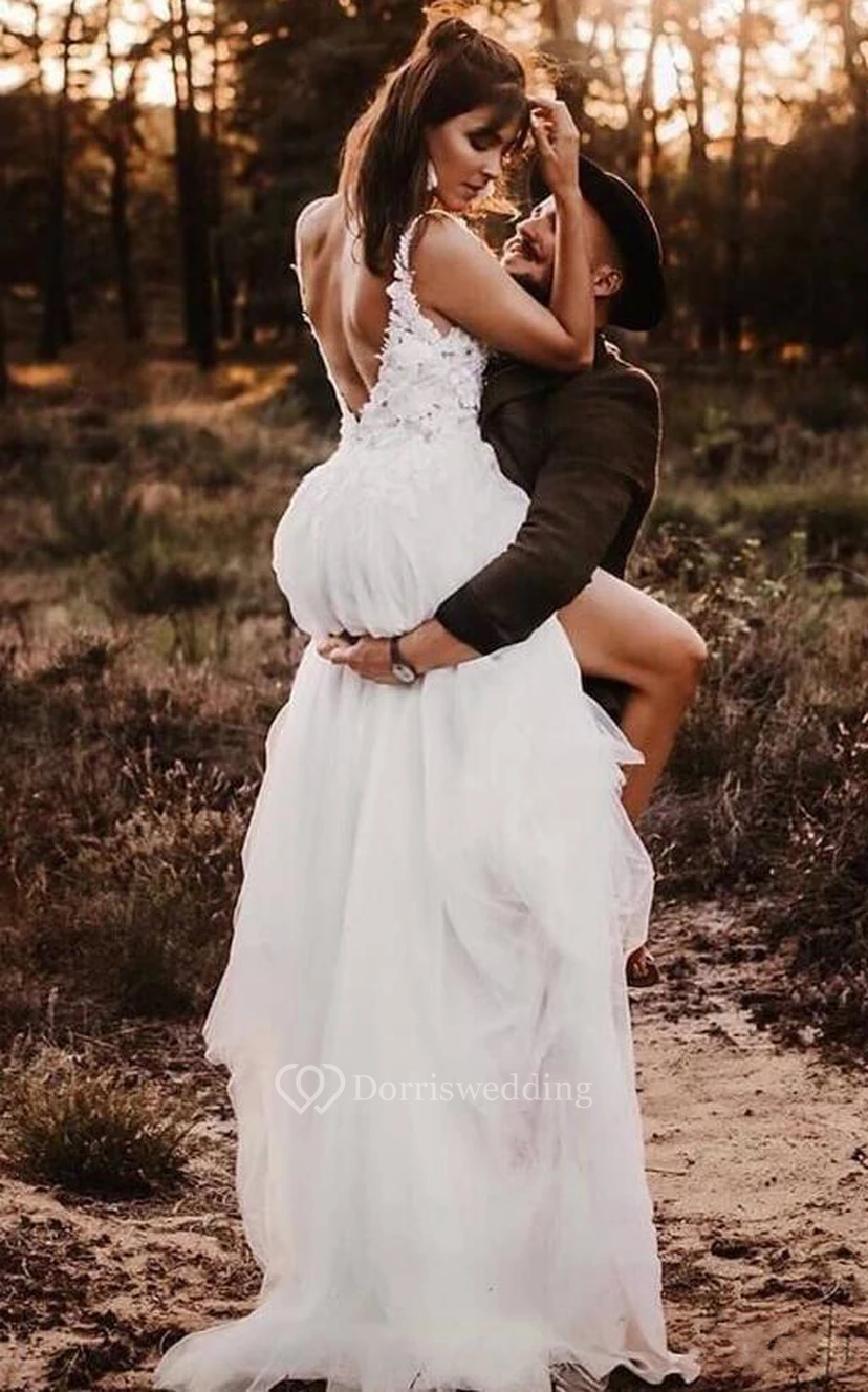 Country/Rusitc Sexy Spaghetti Sleeveless Casual Low-V-Back Summer/Fall Lace Tulle Wedding Dress view 2