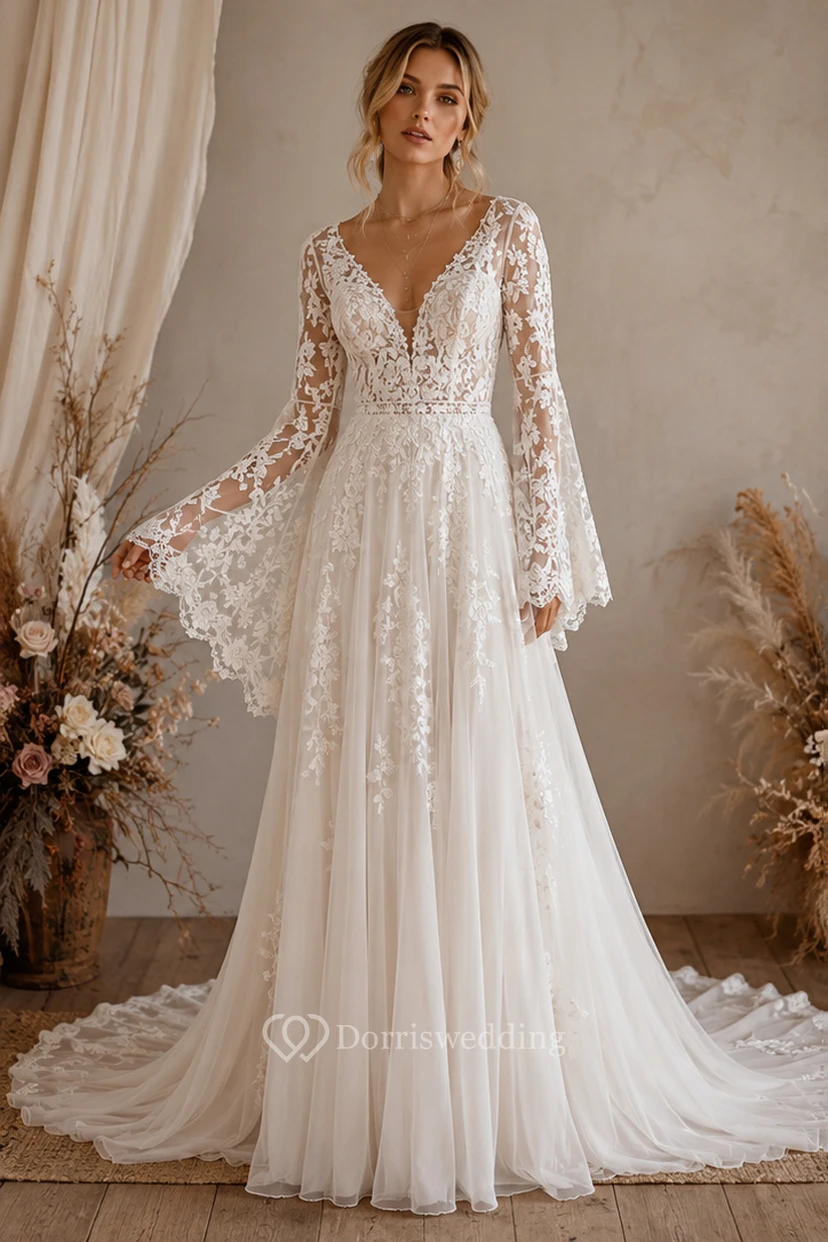 Boho Lace Wedding Dress with Deep V-Neck, Long Bell Sleeves & Flowing A-Line Bridal Train