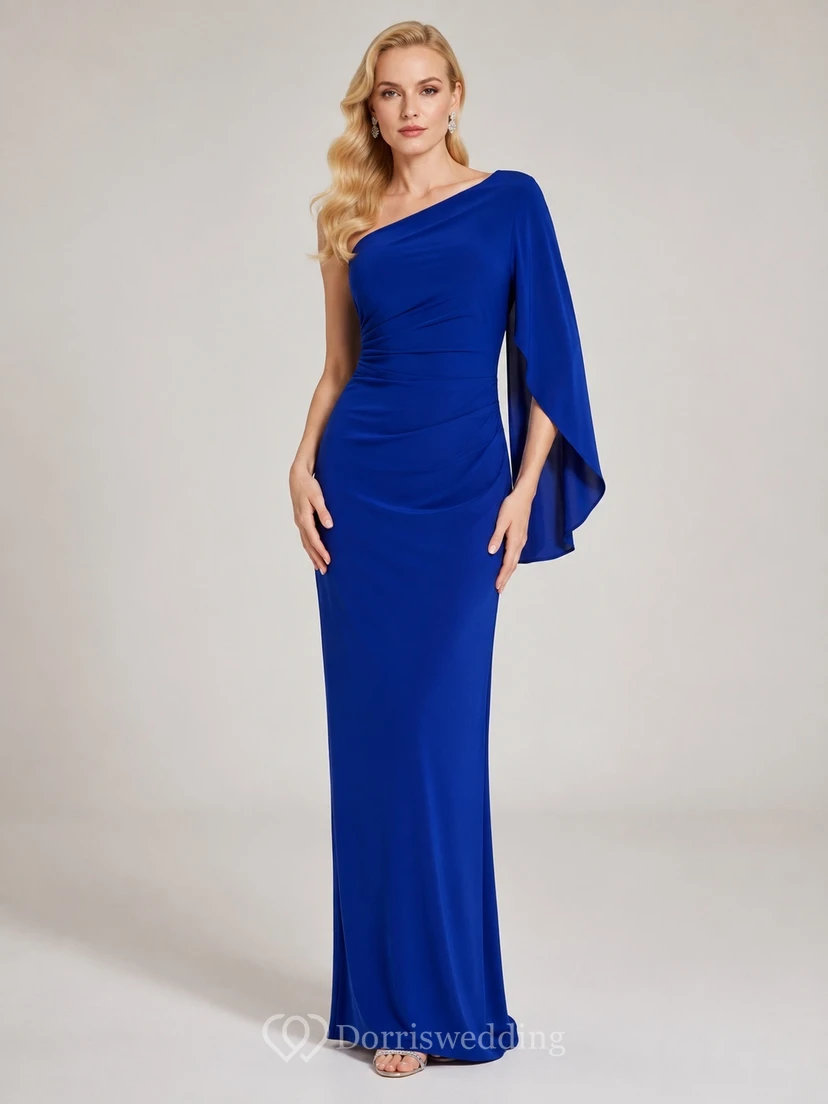 Royal Blue Jersey One-shoulder Long Sleeve Sheath Floor-length Bell Cape Modern Gown