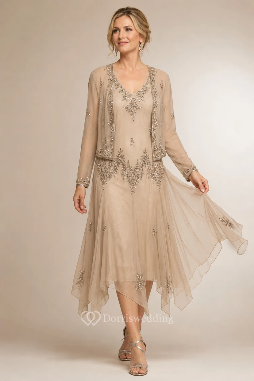Robe cocktail vert forêt à perles, style vintage, avec veste transparente et ourlet asymétrique view 4