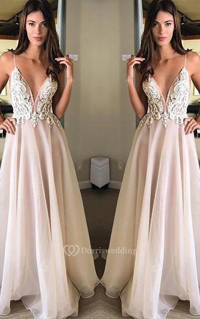 Chiffon-Abendkleid in A-Linie, bodenlang, ärmellos, mit Applikationen