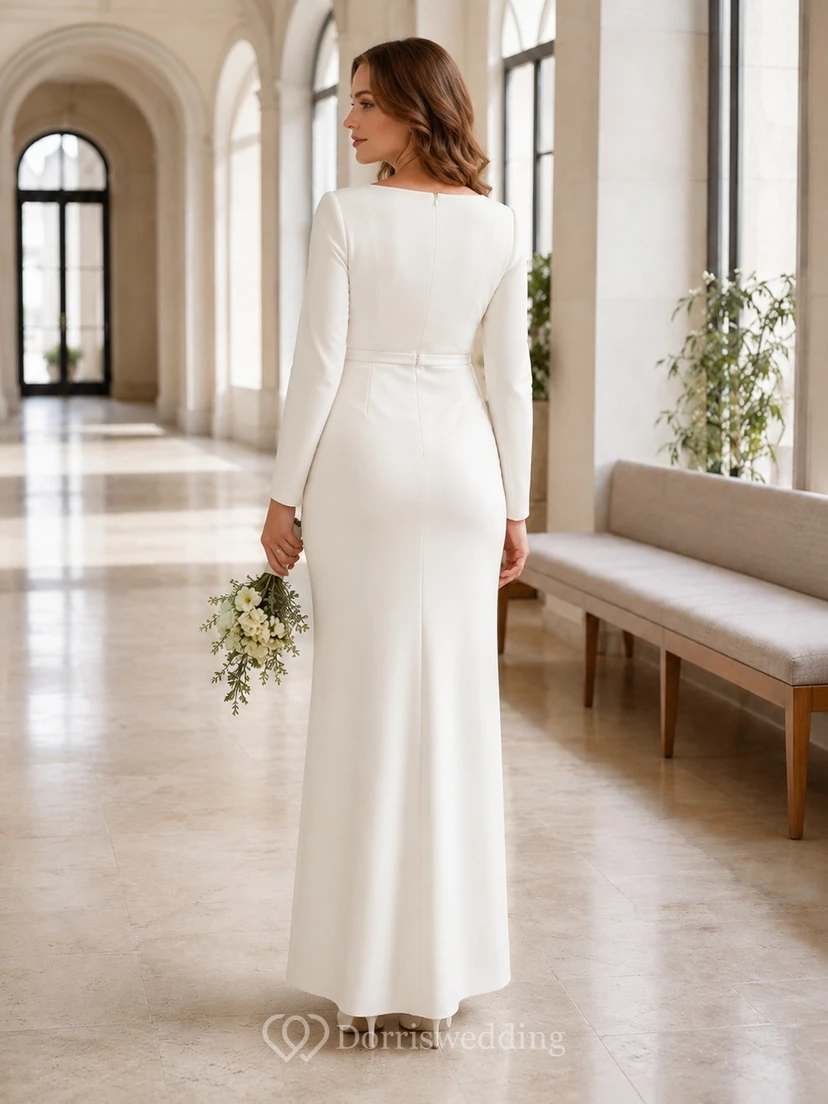 Maternity Wedding Dress Simple Sheath Floor-Length Square Neck Long Sleeve Modest Civil Style view 2
