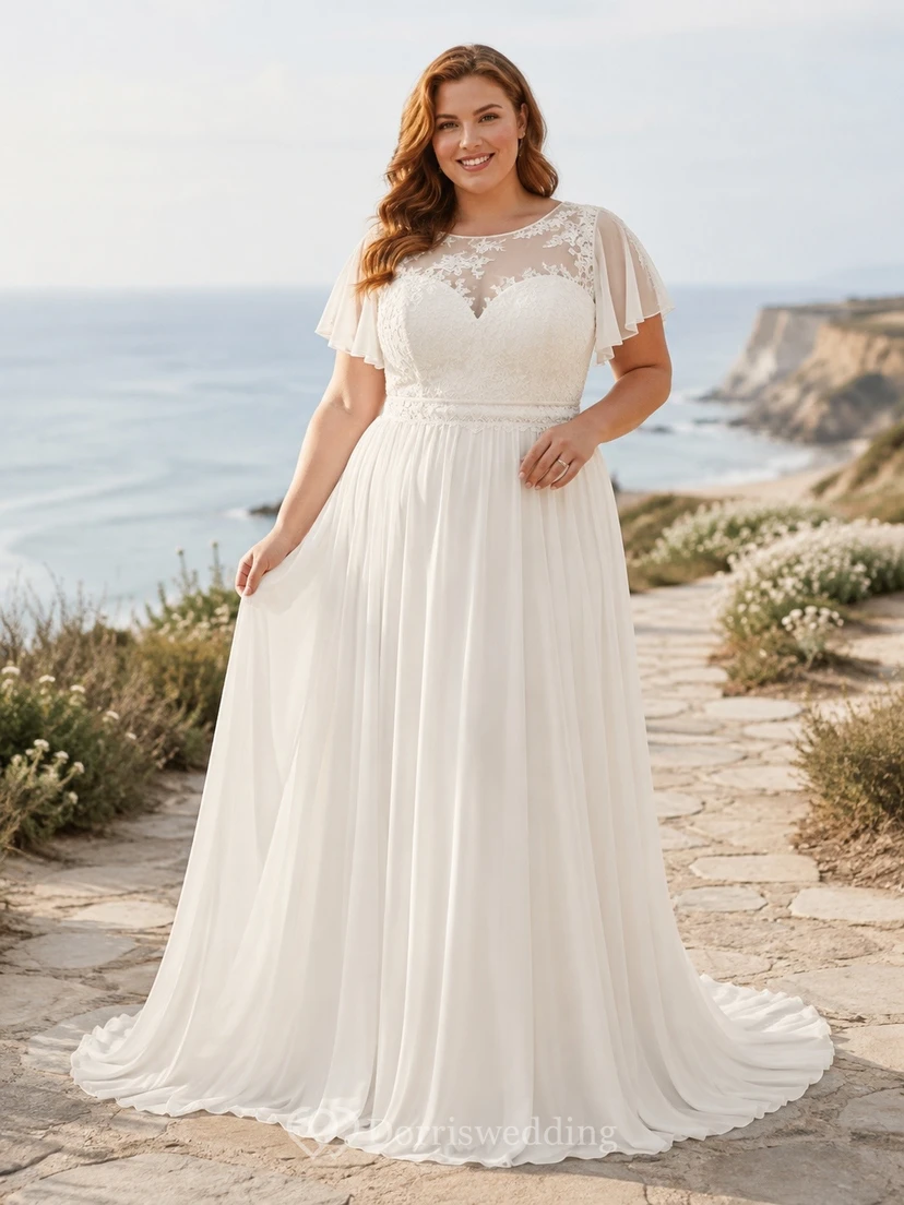 Vestido de novia de talla grande para fugas románticas, de manga corta, encaje y gasa, corte A.