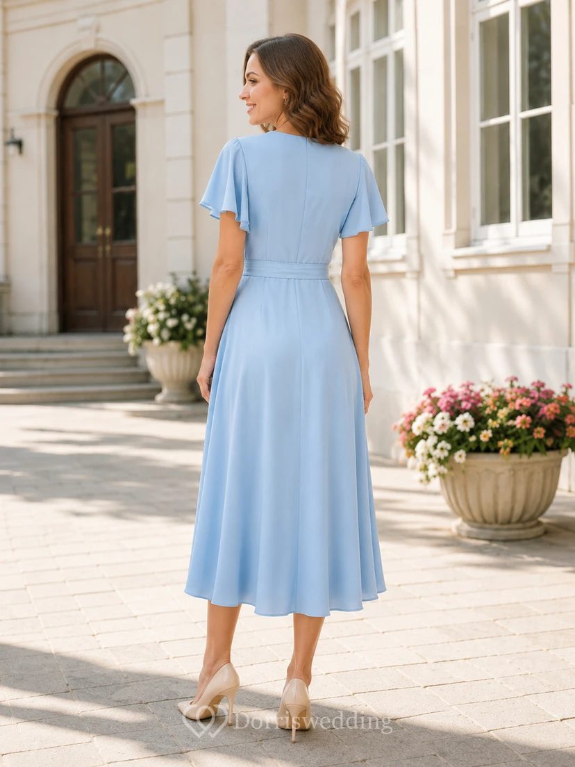 Vestido cruzado de gasa azul cielo con escote en V y largo hasta la rodilla, ideal para la escuela de la madre. view 2