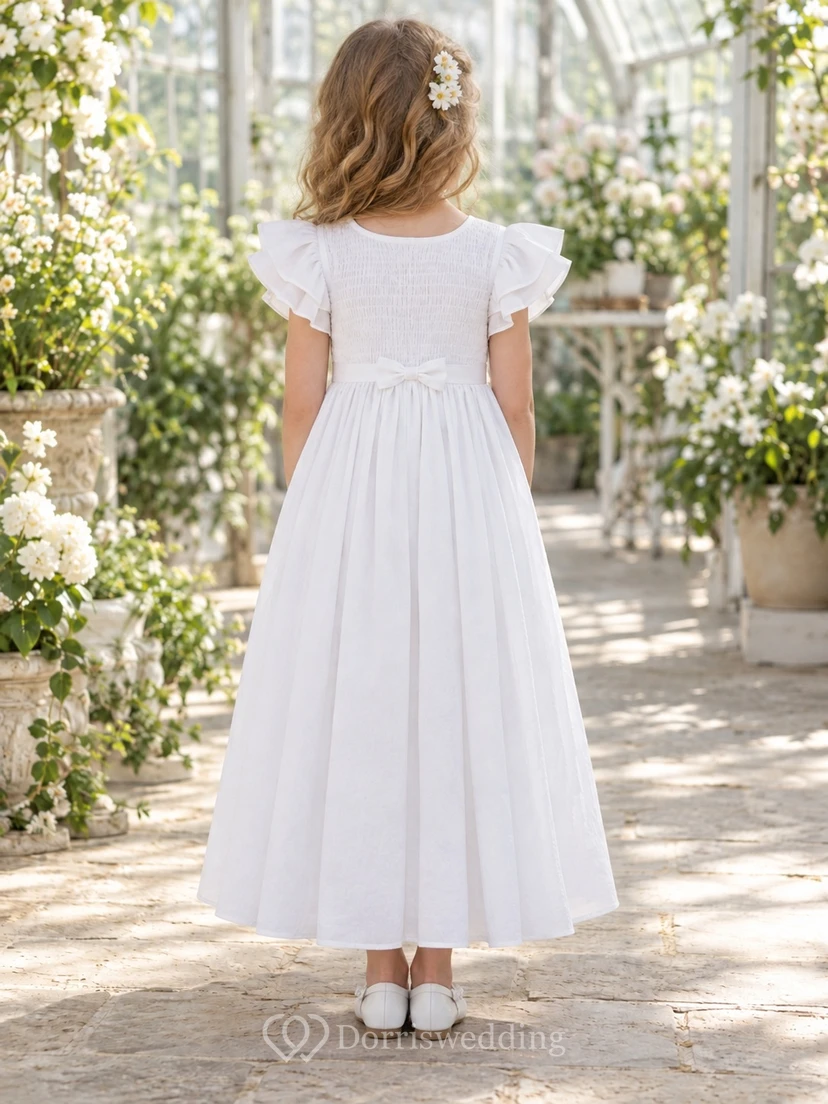 Simple Modest White Ankle-length Scoop Smocked Double-flutter Bow-waist Gathered Gauze Flower Girl Dress view 2