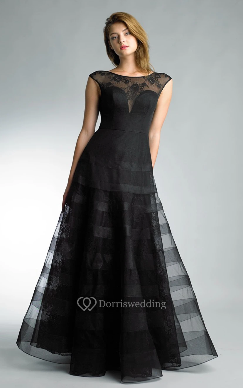 A-line Floor-length Jewel Short Sleeve Lace Low-V Back Dress view 4