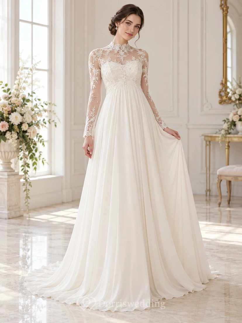 Modest High Neck Long Sleeve Lace Chiffon Empire Wedding Dress