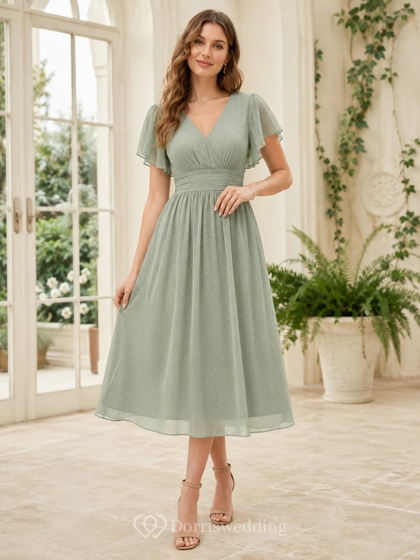 Robe d'invitée décontractée en mousseline sauge, col V, manches pétales, coupe trapèze, longueur thé, idéale pour un jardin.