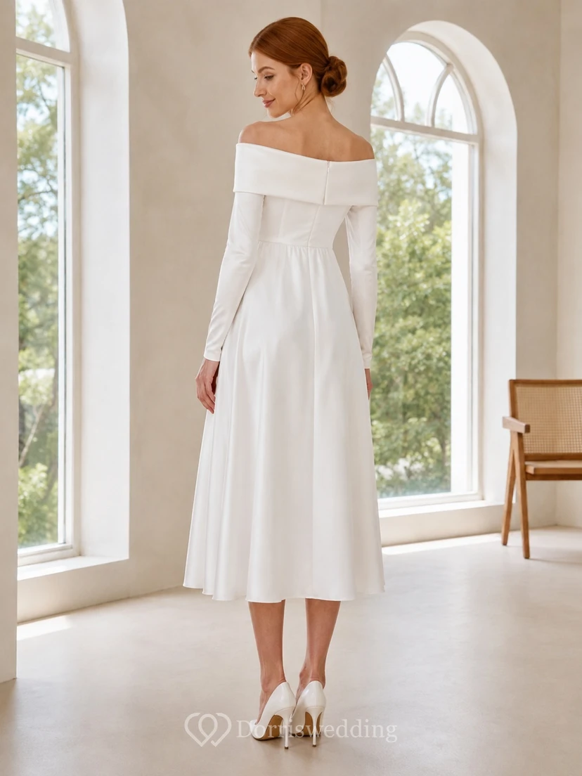 Maternity Off-Shoulder Empire A-Line Tea-Length Long-Sleeve Chiffon Modest Bridal Dress view 2