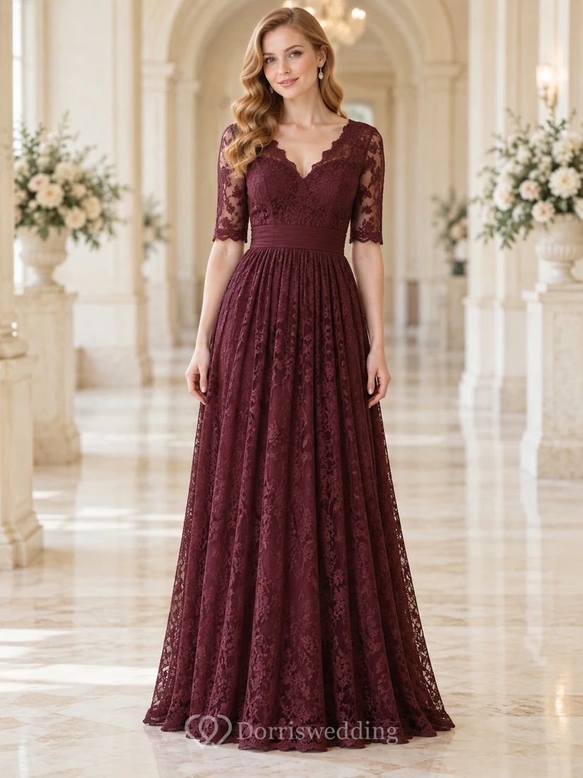 Vestido largo de dama de honor vintage color burdeos con escote en V y mangas cortas, de encaje floral.