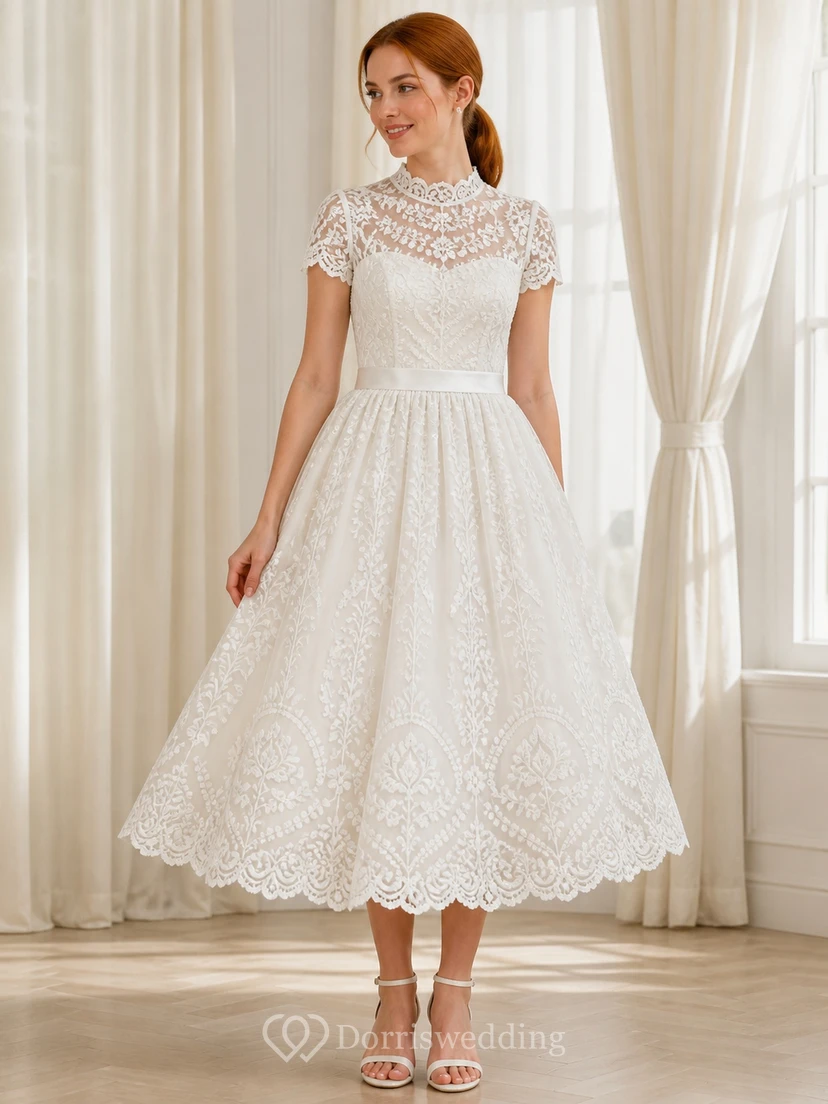 Modest Mother Tea-length A-Line High Neck Geometric Lace Dress
