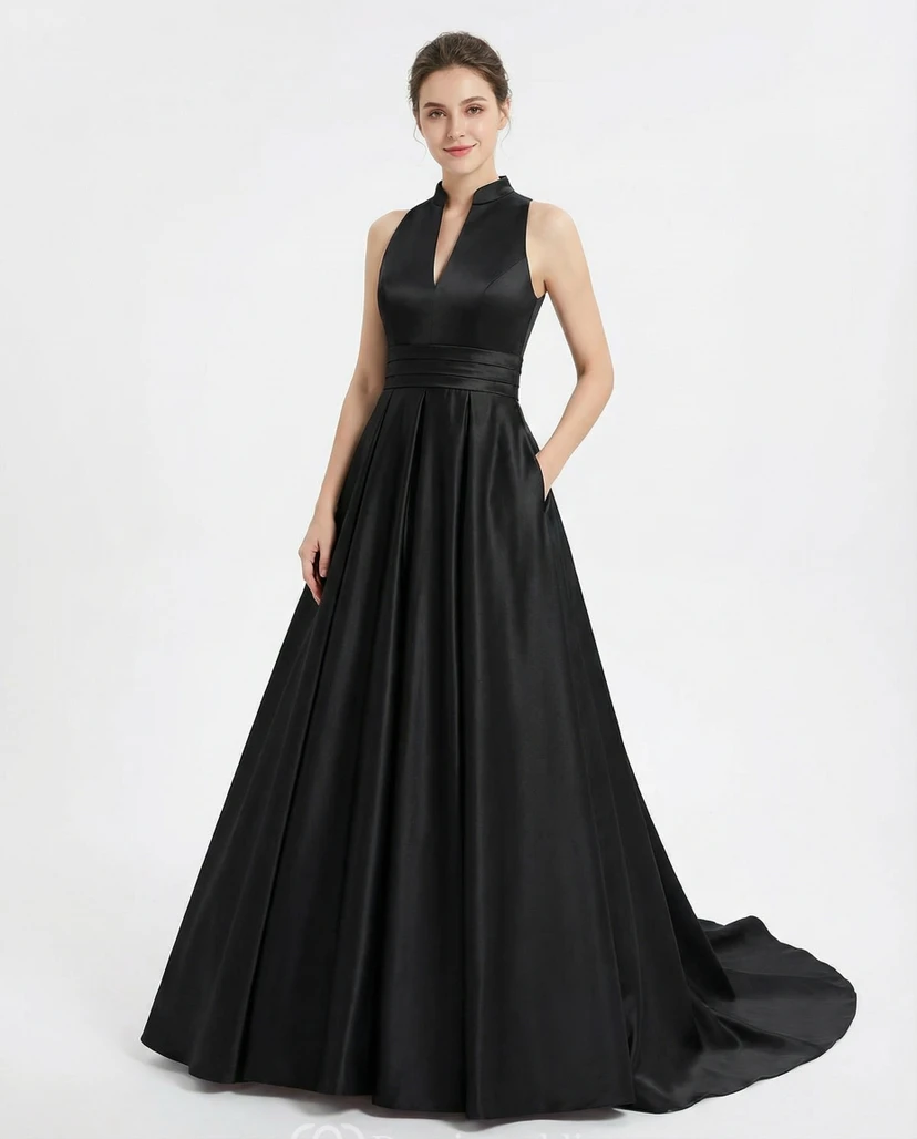 Robe de bal en satin froncé avec traîne.