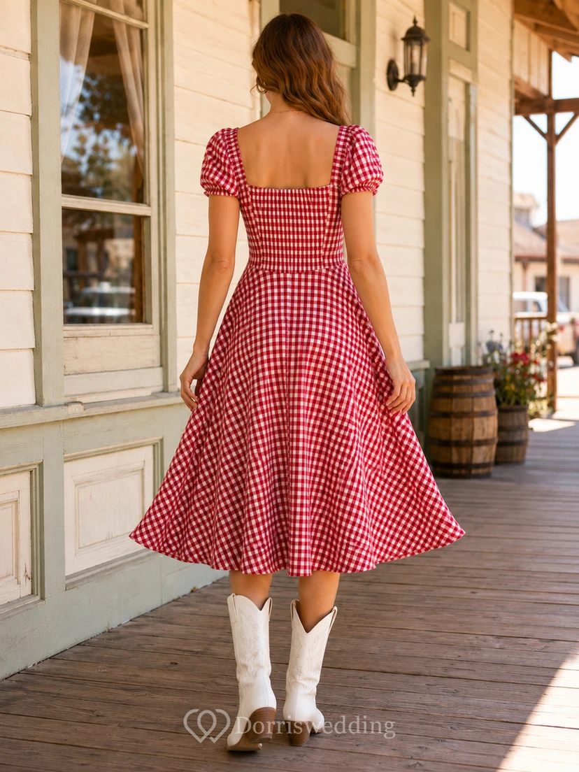 Rotes Gingham-Kleid mit herzförmigem Puffärmeln im Vintage-Stil für Teegäste view 2