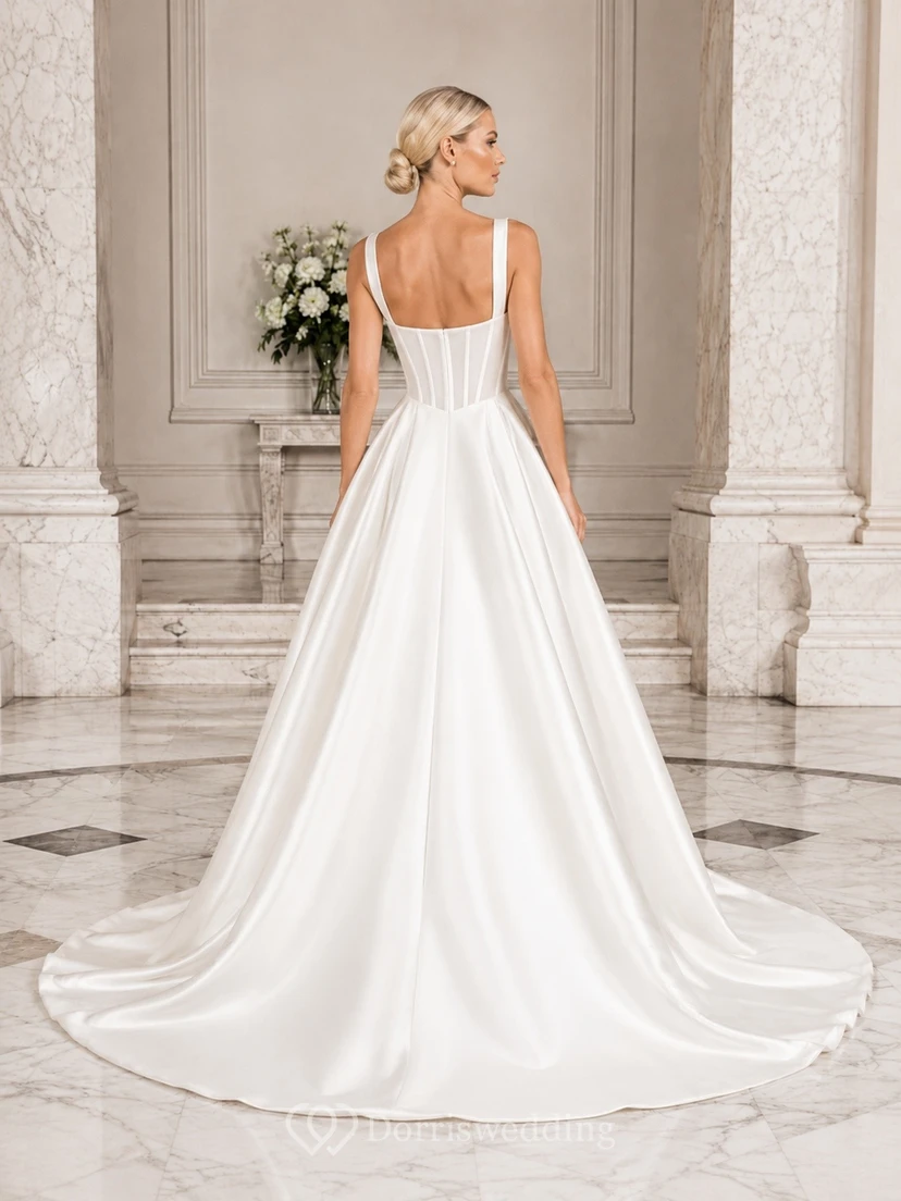 Vestido de novia sencillo de satén con escote cuadrado y varillas a la vista, corte en A. view 2