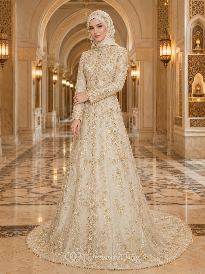 Goldenes muslimisches Hochzeitskleid mit langen Ärmeln, hohem Kragen und Spitze in A-Linie