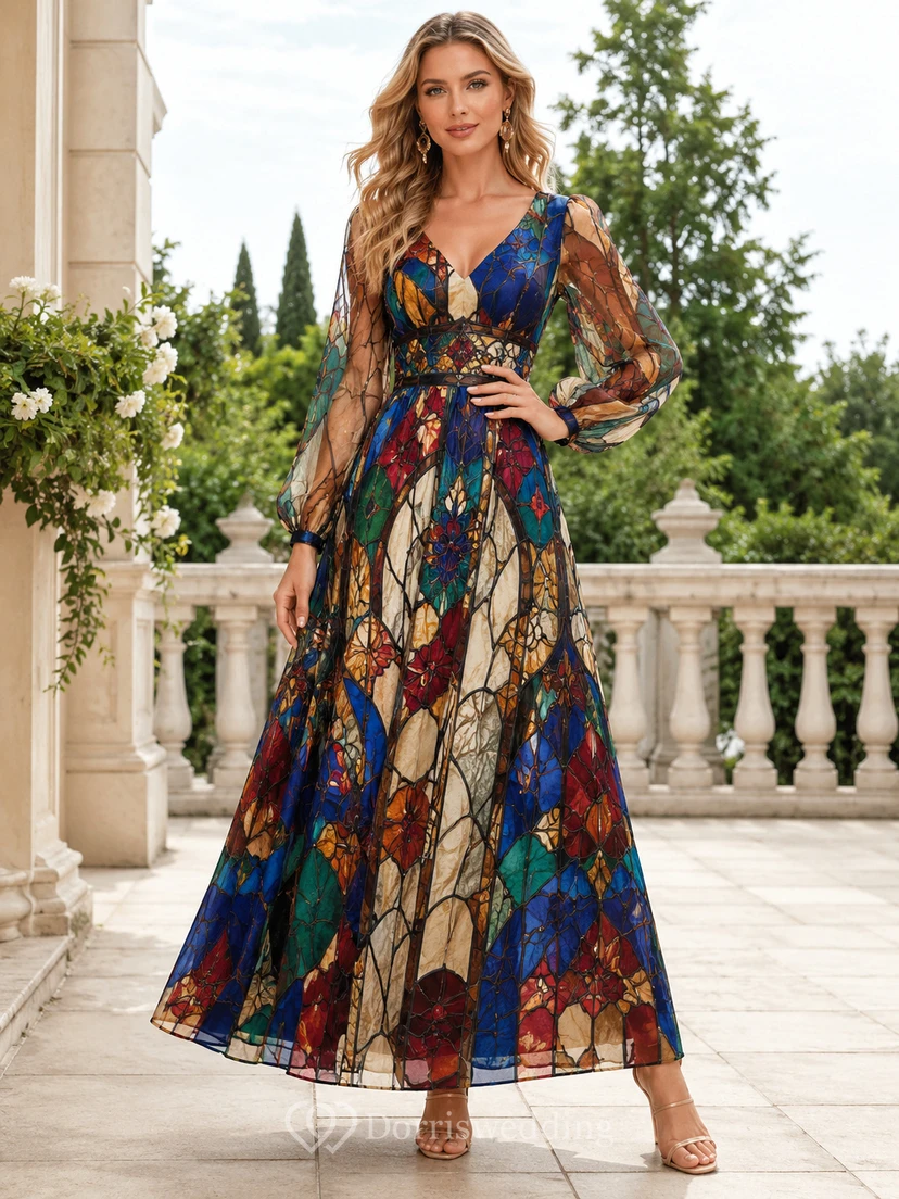 Vestido midi con escote en V y mangas transparentes con estampado de vidrieras
